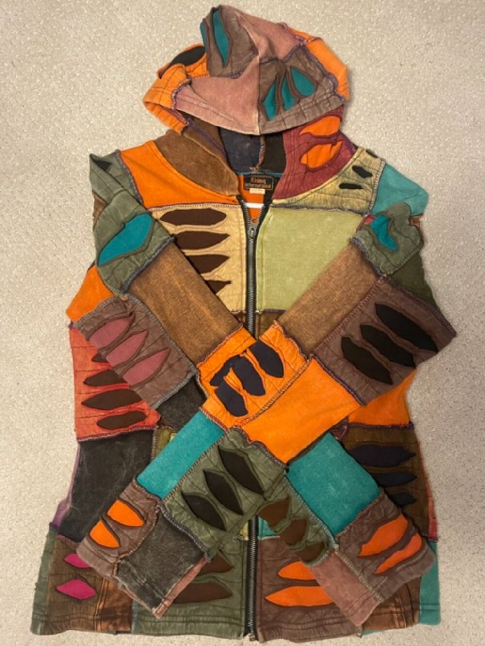 Rising International Nepal Razor Cut Patchwork Hoodie Jacket Boho Festival M